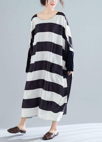 Women black white striped quilting clothes batwing sleeve o neck long summer Dresses - bagstylebliss