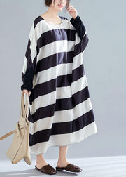 Women black white striped quilting clothes batwing sleeve o neck long summer Dresses - bagstylebliss