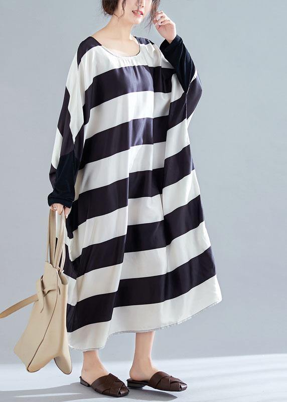 Women black white striped quilting clothes batwing sleeve o neck long summer Dresses - bagstylebliss