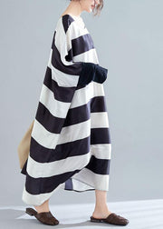 Women black white striped quilting clothes batwing sleeve o neck long summer Dresses - bagstylebliss