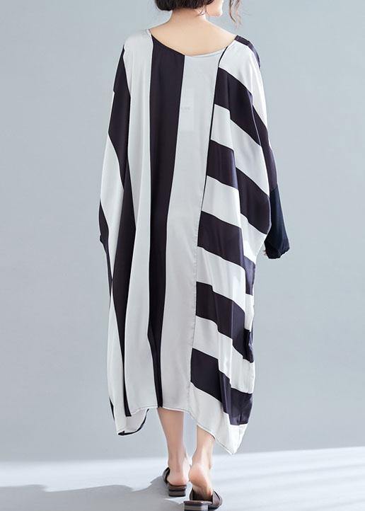 Women black white striped quilting clothes batwing sleeve o neck long summer Dresses - bagstylebliss