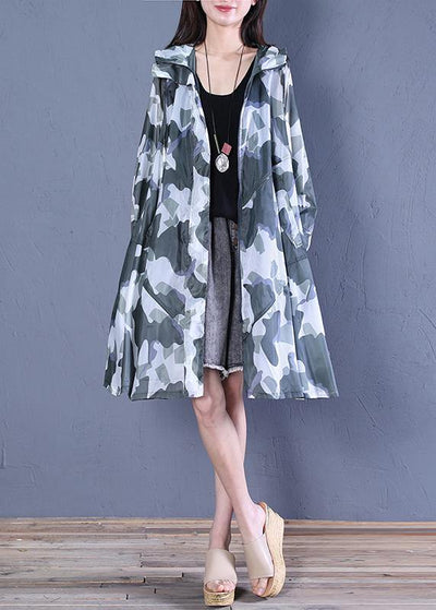 Women blackish green print fine coat pattern hooded zippered outwears - bagstylebliss