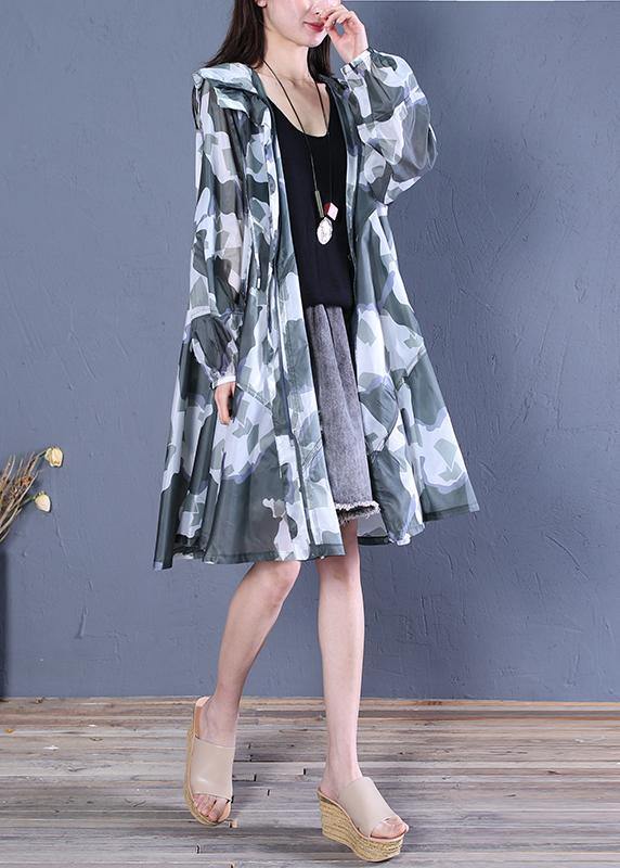 Women blackish green print fine coat pattern hooded zippered outwears - bagstylebliss