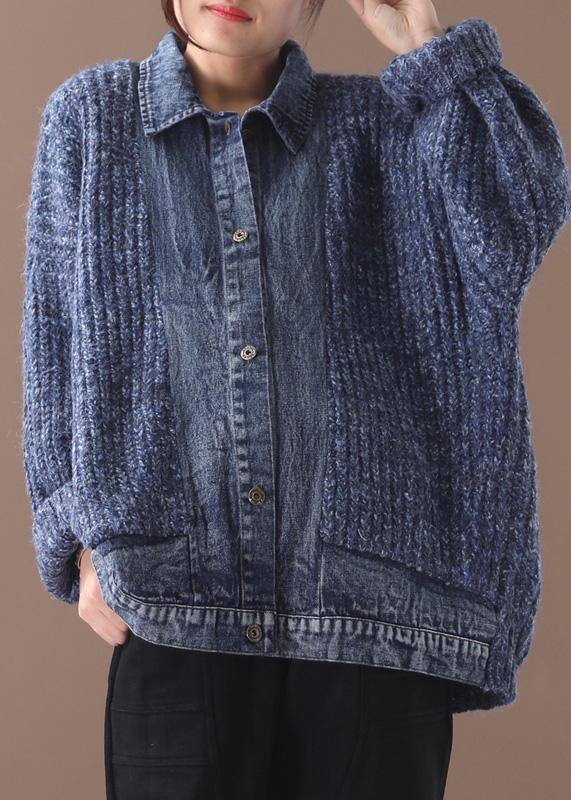 Women blue Sweater Blouse lapel collar oversize patchwork sweaters - bagstylebliss