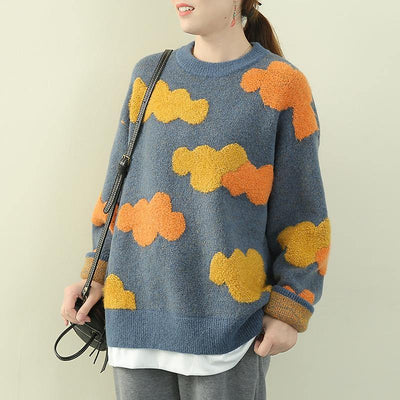 Women blue Cloud Knit Sweaters o neck false two pieces knitted pullover - bagstylebliss