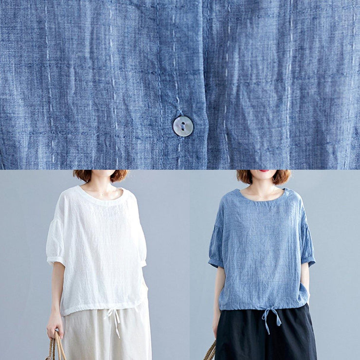 Women blue cotton tunics for women o neck drawstring Dresses blouses - bagstylebliss