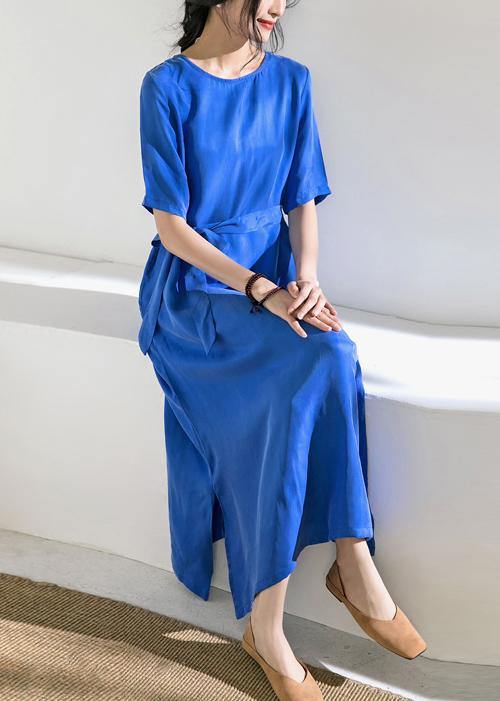 Women blue cotton tunics for women o neck tie waist A Line summer Dress - bagstylebliss