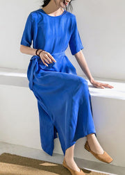 Women blue cotton tunics for women o neck tie waist A Line summer Dress - bagstylebliss