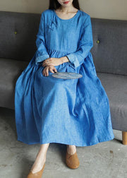 Women blue dresses o neck Cinched long fall Dresses - bagstylebliss