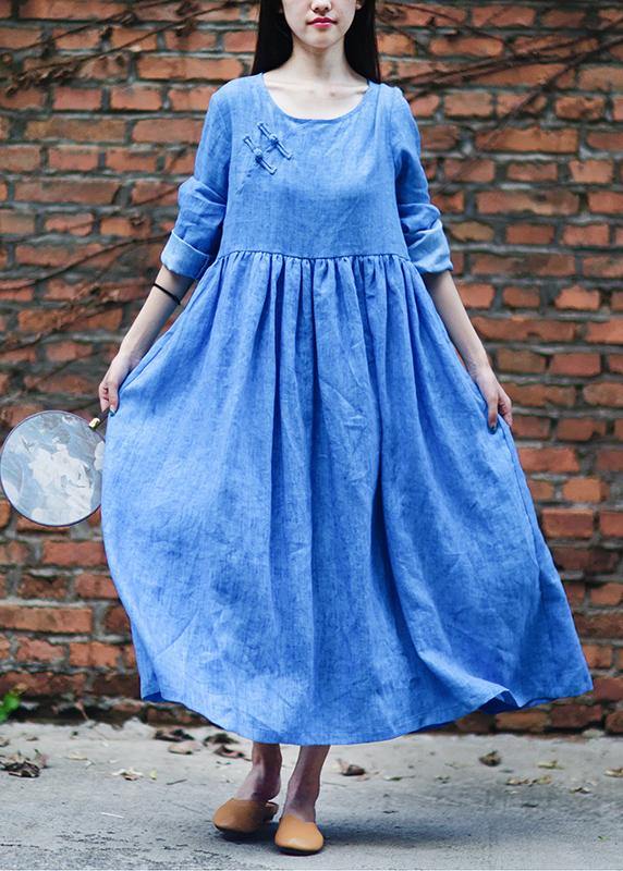 Women blue dresses o neck Cinched long fall Dresses - bagstylebliss