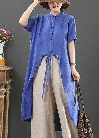 Women blue linen clothes stand collar asymmetric Knee blouses - bagstylebliss