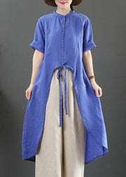 Women blue linen clothes stand collar asymmetric Knee blouses - bagstylebliss