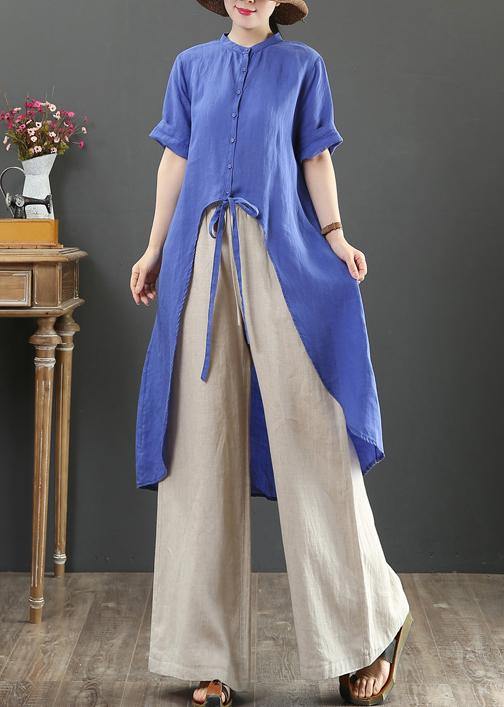 Women blue linen clothes stand collar asymmetric Knee blouses - bagstylebliss