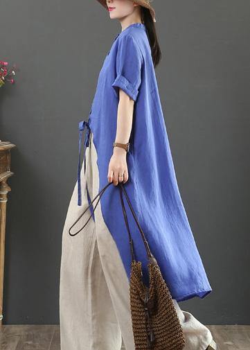 Women blue linen clothes stand collar asymmetric Knee blouses - bagstylebliss