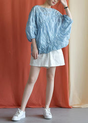 Women blue linen shirts women Batwing Sleeve cotton fall shirts - bagstylebliss