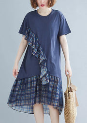 Women blue plaid Cotton tunic o neck patchwork tulle daily Dresses - bagstylebliss