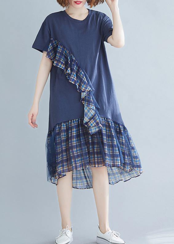 Women blue plaid Cotton tunic o neck patchwork tulle daily Dresses - bagstylebliss