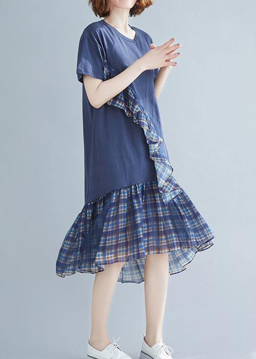 Women blue plaid Cotton tunic o neck patchwork tulle daily Dresses - bagstylebliss