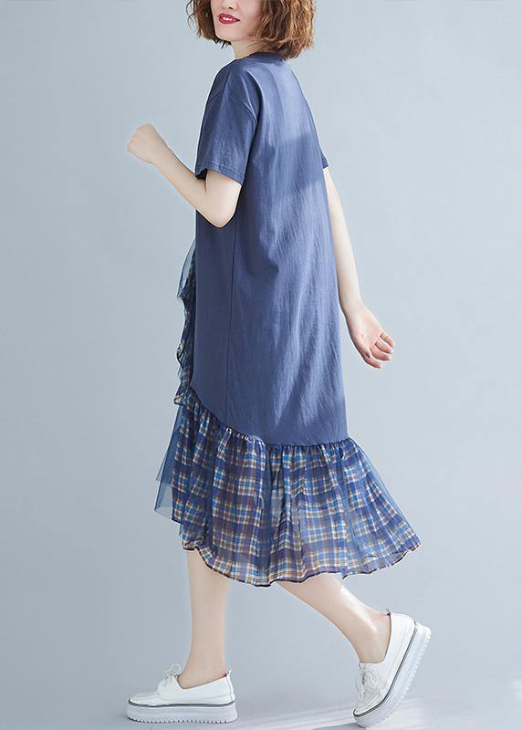 Women blue plaid Cotton tunic o neck patchwork tulle daily Dresses - bagstylebliss