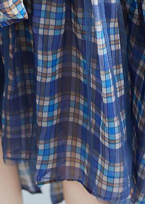 Women blue plaid Cotton tunic o neck patchwork tulle daily Dresses - bagstylebliss