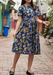 Women blue print cotton clothes o neck Cinched Plus Size Clothing summer Dress - bagstylebliss