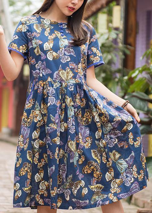 Women blue print cotton clothes o neck Cinched Plus Size Clothing summer Dress - bagstylebliss