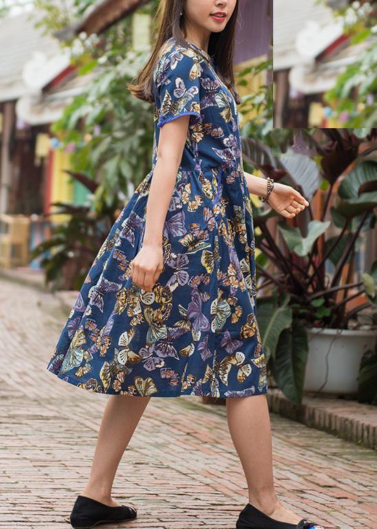 Women blue print cotton clothes o neck Cinched Plus Size Clothing summer Dress - bagstylebliss