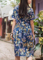 Women blue print cotton clothes o neck Cinched Plus Size Clothing summer Dress - bagstylebliss