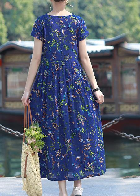 Women blue print cotton linen Tunics o neck Cinched short summer Dress - bagstylebliss