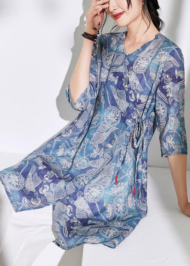 Women blue print cotton linen clothes For Women Photography v neck tie waist shirts - bagstylebliss