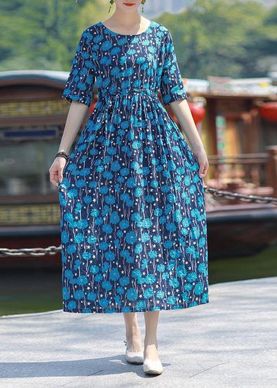 Women blue print cotton outfit o neck drawstring Plus Size summer Dress - bagstylebliss