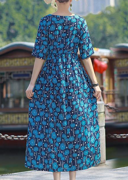 Women blue print cotton outfit o neck drawstring Plus Size summer Dress - bagstylebliss