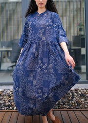 Women blue print cotton quilting clothes stand collar exra large hem Traveling summer Dress - bagstylebliss