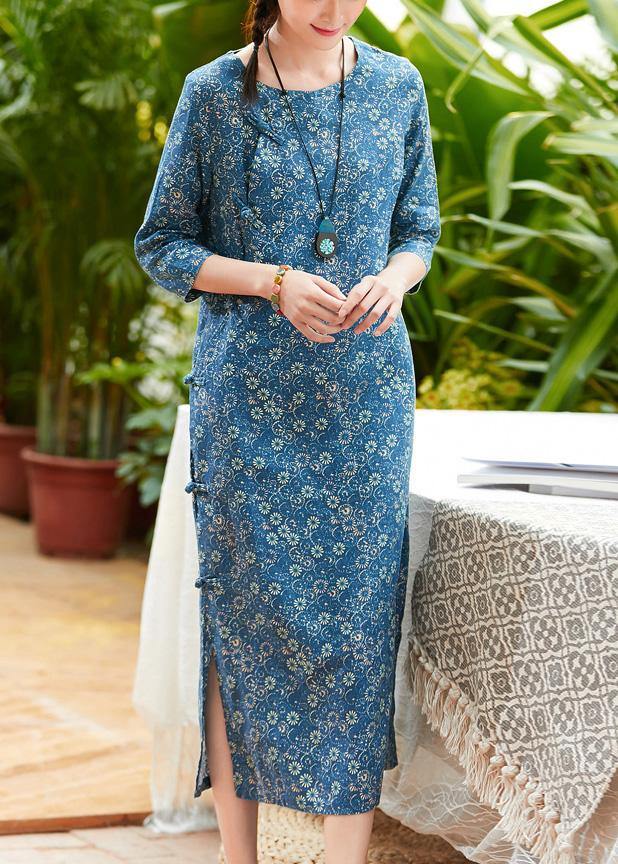 Women blue print linen clothes For Women o neck Chinese Button Plus Size summer Dress - bagstylebliss