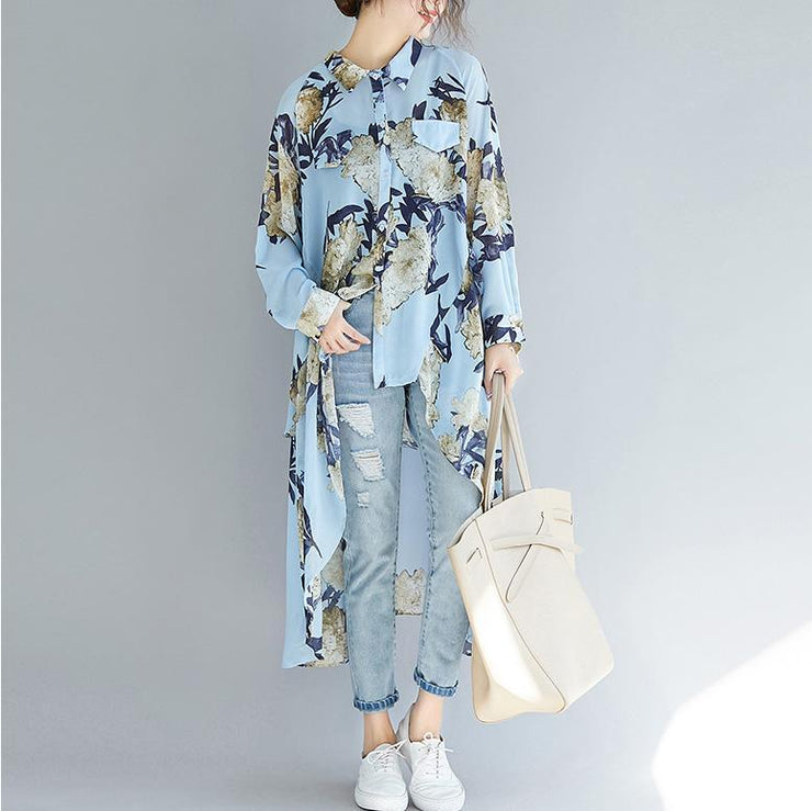 Women blue prints chiffon clothes For Women fine Inspiration lapel collar tunic low high design shirt