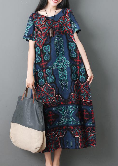 Women blue prints cotton Robes o neck Maxi summer Dresses - bagstylebliss