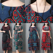 Women blue prints cotton Robes o neck Maxi summer Dresses - bagstylebliss