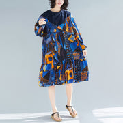 Frauen blaue Drucke Baumwollkleidung stilvolle Muster Rüschen Kaftan Patchwork O-Ausschnitt Kleider