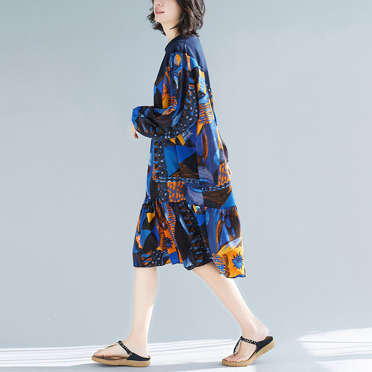 Frauen blaue Drucke Baumwollkleidung stilvolle Muster Rüschen Kaftan Patchwork O-Ausschnitt Kleider