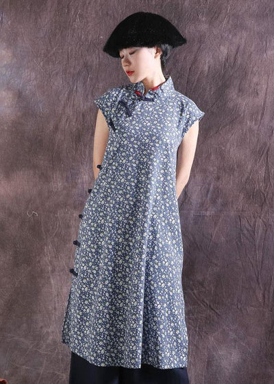 Women blue prints cotton dresses Chinese Button Traveling summer Dress - bagstylebliss