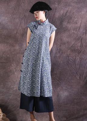 Women blue prints cotton dresses Chinese Button Traveling summer Dress - bagstylebliss