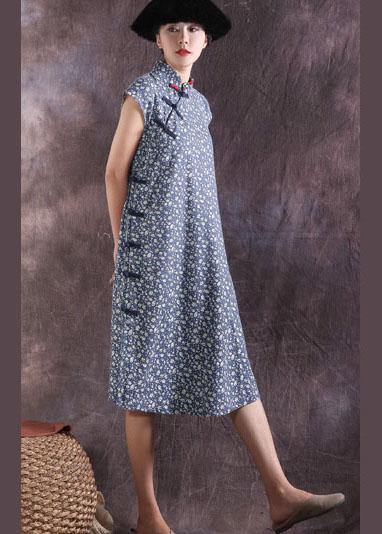 Women blue prints cotton dresses Chinese Button Traveling summer Dress - bagstylebliss