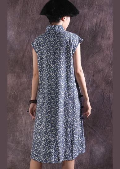 Women blue prints cotton dresses Chinese Button Traveling summer Dress - bagstylebliss