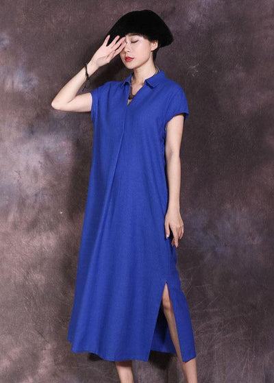 Women blue side open cotton linen dresses lapel collar summer Dresses - bagstylebliss