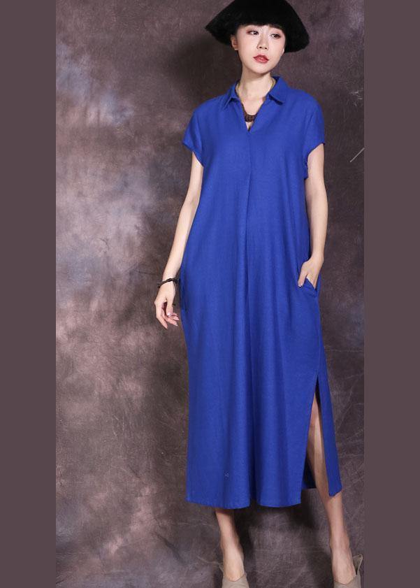 Women blue side open cotton linen dresses lapel collar summer Dresses - bagstylebliss