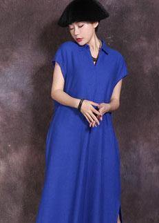 Women blue side open cotton linen dresses lapel collar summer Dresses - bagstylebliss