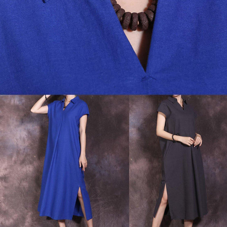 Women blue side open cotton linen dresses lapel collar summer Dresses - bagstylebliss