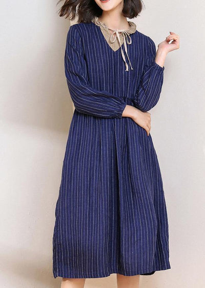 Women blue striped linen dresses v neck Dresses patchwork  Dresses - bagstylebliss