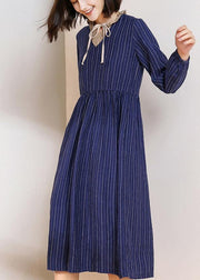 Women blue striped linen dresses v neck Dresses patchwork  Dresses - bagstylebliss