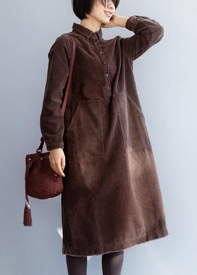 Women brown cotton Wardrobes side open Robe lapel collar Dresses - bagstylebliss